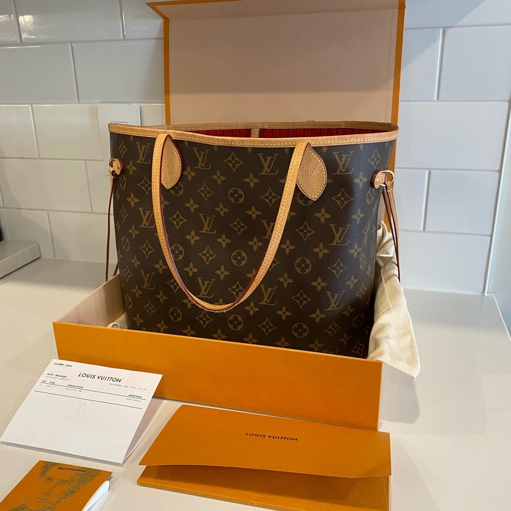 Louis Vuitton Monogram Canvas Tote with Natural Leather - Neverfull MM